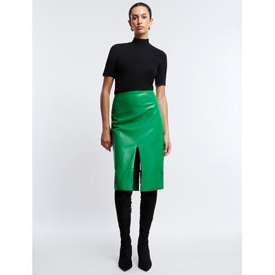 Women's Front Slit Faux Leather Midi Skirt in Emerald Green, 36 IT