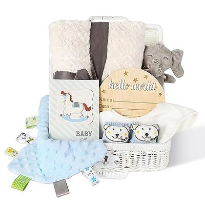 SYOSOF Baby Shower Gifts, New Born Baby Gifts for Girls Boys, Unique Baby  Gift Basket with Hooded Blanket, Wood Rattle, Soothing Doll, Wood Horse