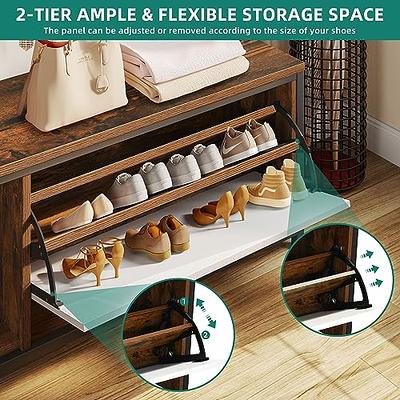 Amucolo Walnut Entryway Shoe Storage Bench with Coat Rack, 5 in 1 Design Shoe Rack Bench with Hooks and Storage Shelf, Brown