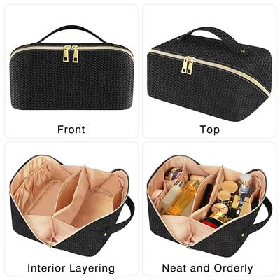 Large Capacity Travel Cosmetic Bag - Portable Makeup Bags for Women  Waterproof PU Leather Checkered Makeup Organizer Bag with Dividers and  Handle,Toiletry Bag for Cosmetics, Black