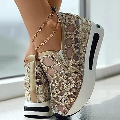 Wedge Floral Shoes Mesh Sneakers for Women Fashion Slip On Breathable  Walking Shoes Women Comfort Embroidery Platform Sneakers Work Shoes Casual