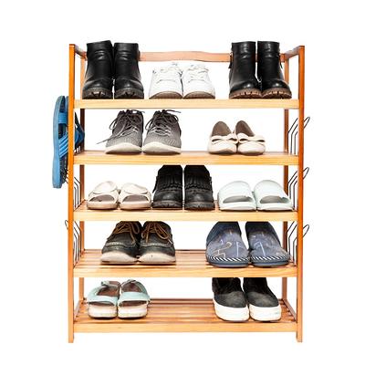 Costway 5-Tier Wood Shoe Rack Solid Acacia Wood Shoe Shelf with Side Metal  Hooks