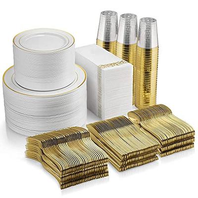 350 Piece M MCIRCO Gold Dinnerware Set - 100 Gold Rim Plastic Plates - 50  Gold Plastic Silverware - 50 Gold Plastic Cups - 50