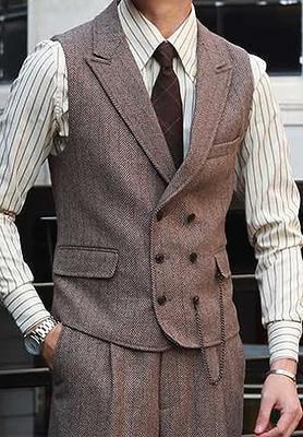 Herringbone Mens Suit Tweed Long Coat Overcoat Double Breasted