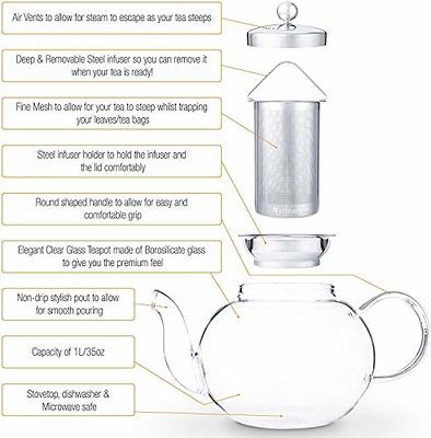 Kitchen Glass Teapot with Infuser - Glass Tea Kettle for Stove Top with  Removable Stainless Steel Strainer, Microwave & Dishwasher Safe, Tea Pot  with Blooming, Loose Leaf Tea Sampler, Tea Maker