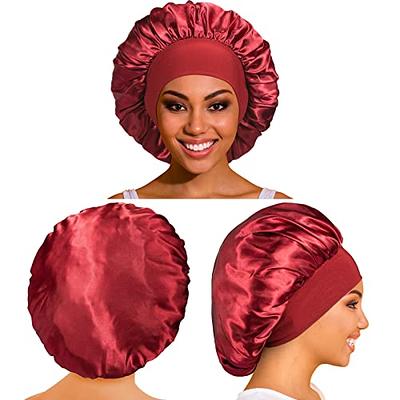 2Pcs Silk Bonnet for Sleeping, Satin Hair Bonnet for Sleeping, Soft Wide  Band Bonnets for Women Curly Natural Hair(Black+Leopard)