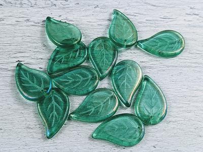 Large Czech Glass Ab Green Leaf Beads, Leaves, Nature, 25x14mm