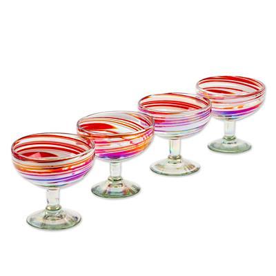 Set of 4 Eco-Friendly Red Handblown Martini Glasses, 'Luxury Enchantment