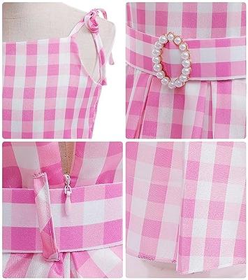 Kids Barbie Costume Girls Pink Plaid Margot Robbie Cosplay Princess Dress