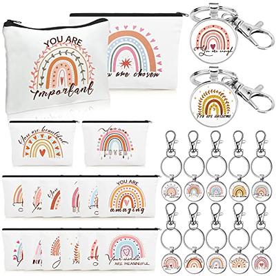 16 Pcs Rainbow Cosmetic Bags and 16 Pcs Rainbow Keychains Set Inspirational  Quotes Canvas Makeup Bags