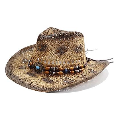 jiaoji Men & Women's Woven Straw Cowboy Cowgirl Straw Hat Cowboy Hats for Women  Cowboy Hat Shapeable Brim, Beach Cowgirl (Tea Coffee/Beads) - Yahoo Shopping