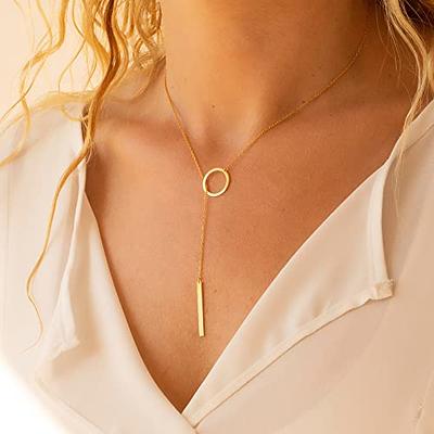 Lariat Gold Necklace for Women, 14K Gold Plated Dainty Long Layered Y Necklaces CZ Pendant Choker Necklace Simple Trendy Gold/Sliver Jewelry Gift
