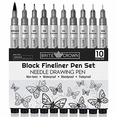 Brite Crown Drawing And Sketching Pens Set - 10 Black Fineliner