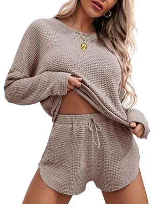 Ekouaer Womens Waffle Knit Pajama Sets Long Sleeve Top and Shorts Matching  Lounge Set Sleepwear Loungewear Sweatsuit with Pockets A-Light Khaki Medium  - Yahoo Shopping