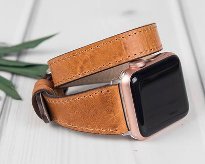 Rose Gold & Light Brown Leather Band for Apple Watch Series 9,8,7,6 SE,  Women Iwatch Band, Double Wrap Leather Apple Watch Strap Bracelet 