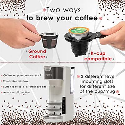  Mixpresso Single Serve Coffee Brewer K-Cup Pods Compatible &  Ground Coffee 30oz Compact Coffee Maker Single Serve, 5 Brew Sizes Up To  14Oz Fits Travel Mug, Adjustable Drip Tray, White Coffee