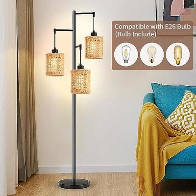 Arc Floor Lamp with Remote Control, Boho Rattan Floor Lamps, Dimmable  Farmhouse