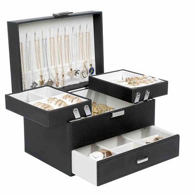 3-Layers Large Jewelry Organizer with Velvet Travel Jewelry Storage Organizer Jewelry Case, Black