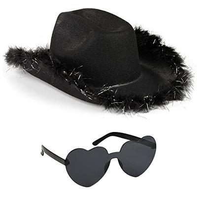 Juvolicious Womens Cowboy Hat - Cute, Fluffy, Sparkly Cowgirl Hat with Feathers for Halloween, Birthday, Bachelorette Party (Black)