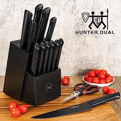 HUNTER.DUAL Knife Set, 15 Piece Kitchen Knife Set with Block Self Sharpening, Dishwasher Safe, Anti-Slip Handle, Black
