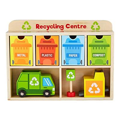 Reduce & Reuse Recycling Center Playset, Wooden Green Garbage Truck Toy, Sorting  Bins, and Accessories, Safe, Natural Materials For Environmental Learning,  Fine Motor Skills, and Play