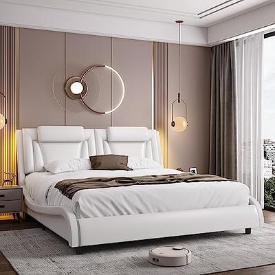 Stylish Upholstered Leather Bed With Foam-Filled Soft Headboard