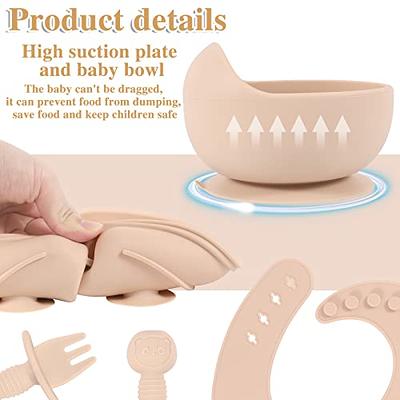 3pcs Baby Silicone Bowl, Wooden Spoon & Fork Set With Suction Cup Base,  Feeding Tableware For Children