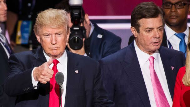 PHOTO: Donald Trump, flanked by campaign manager Paul Manafort and daughter Ivanka, checks the podium in preparation for accepting the GOP nomination to be President at the 2016 Republican National Convention in Cleveland, July 20, 2016. (Bill Clark/CQ Roll Call via Getty Images FILE)