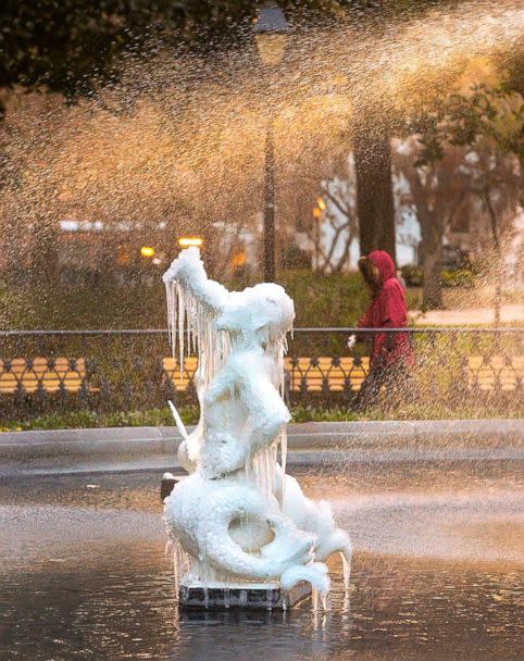 PHOTO: Icicles form on the tritons in the Forsyth Park Fountain on Jan. 2, 2018, in Savannah, Ga. (Steve Bisson/Savannah Morning News via AP)