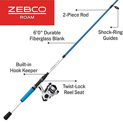  Zebco Roam Spinning Reel and Fishing Rod Combo, 6-Foot 2-Piece  Fiberglass Fishing Pole, Split ComfortGrip Handle, Soft-Touch Handle Knob, Size  20 Reel, Changeable Right- or Left-Hand Retrieve, Black