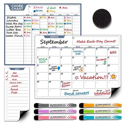 Magnetic Dry Erase Chore Chart and Calendar Bundle for Fridge: 2 Boards Included - 17x12 inch - 6 Fine Tip Markers and Large Eraser with Magnets