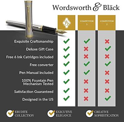  Wordsworth & Black Fountain Pen Set, Medium Nib, Includes 24  Ink Cartridges and Ink Refill Converter, Gift Case, Journaling,  Calligraphy, Smooth Writing Pens [Silver Gold], Perfect for Men and Women 