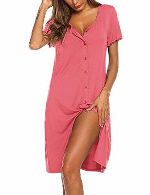 Ekouaer Women's Nightshirt Short Sleeve Button Down Nightgown V