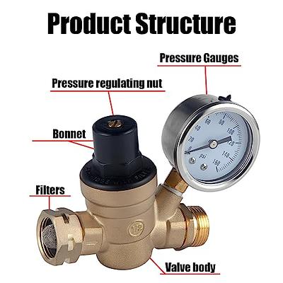 Water Regulator Valve- Lead Free Brass Adjustable RV Pressure Regulator with Pressure Gauge and Water Filter Net by U.S. Solid