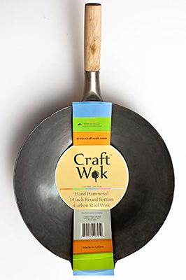 14 inch Flat Bottom Carbon Steel Hand Hammered Wok with a Wooden and Helper  Handles