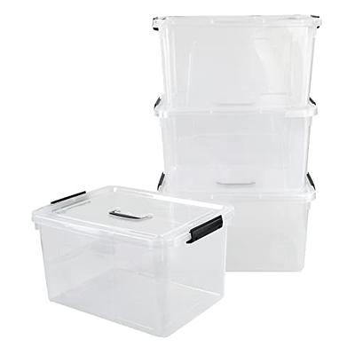 Sterilite 70 Qt Ultra Latch Box, Stackable Storage Bin with Latching Lid,  Organize Clothes, Sport Gear in Basement, Clear with White Lid, 4-Pack