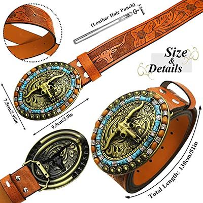 RechicGu Western Belts for Men Women, Initial Letter Big Buckle with Brown  Leather Longhorn Bull Engraved Cowboy Belt at  Men’s Clothing store