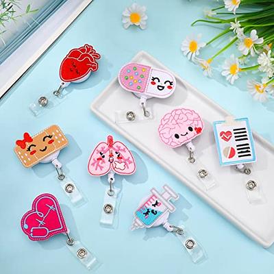  8 Pcs Preppy Nurse Reel Accessories Smile Face Flower  Butterfly Rainbow Heart Felt Badge Holder Nursing Name ID Badge Reel  Accessories with Swivel Alligator Clip for ID Name Card (Flower) 