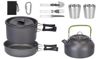 Camping Cookware Pots and Pans Set With Tea Kettle