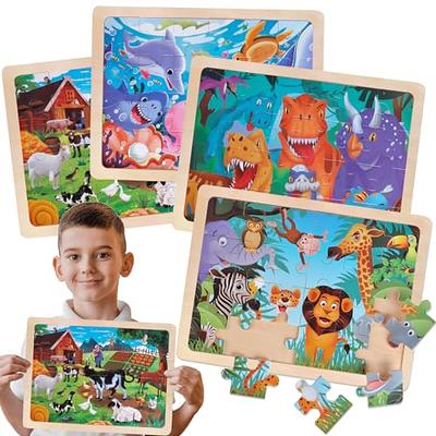 SYNARRY Lot de 4 puzzles dinosaures en bois pour enfants de 3 à 5 ans, 24  pièces, jouets éducatifs pour enfants de 3, 4, 5, 6 ans, garçons et filles