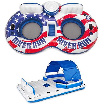 White and Blue American Flag 2-Person Pool Float with Tropical