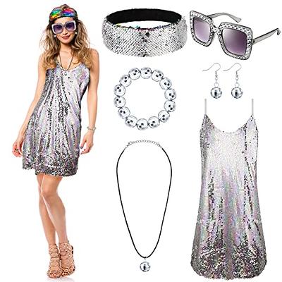 Hillban 6 Pcs Carnival 70s Women's Disco Costume Disco Outfit Afro Wig  Disco Ball Earrings Necklace Bracelet Sunglasses