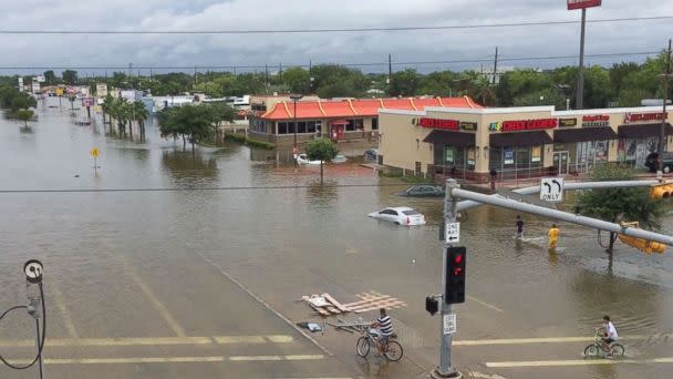 PHOTO: Flooding on West Bellfort Avenue in Houston, Aug. 27, 2017. The remnants of Hurricane Harvey sent devastating floods pouring into Houston as rising water chased thousands of people to rooftops or higher ground. (DroneBase via AP)