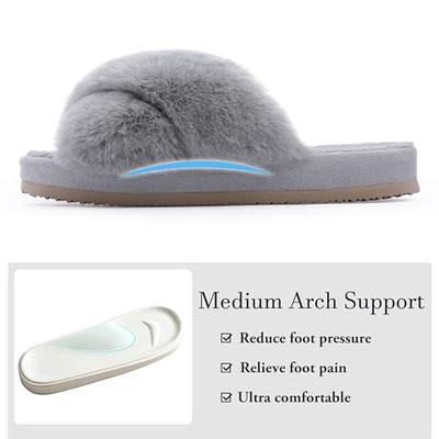 FamilyFairy Women's Fluffy Faux Fur Slippers Comfy Open Toe Two Band Slides  with Fleece Lining and Rubber Sole