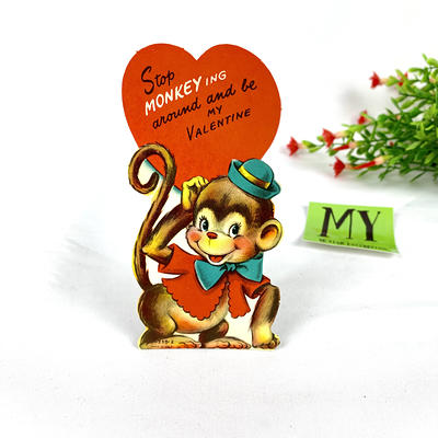 Vintage Valentines Day Card 1950's Adorable Anthropomorphic Monkey