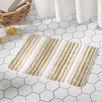 White and Beige Striped Bathroom Rug / Washable Striped 