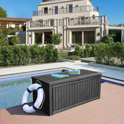 Flash Furniture 120 Gallon Outdoor Waterproof Plastic Deck Storage Box for Patio Cushions Garden Tools & Pool Toys Gray