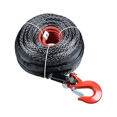 AMOPA 92ft x 1/2inch UHMWPE Synthetic Winch Rope Protective Sleeve and Red  Hook for ATV