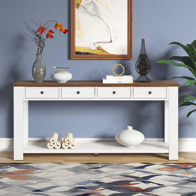 48 in. White Rectangular Solid Pine Wood Top Console Table Entryway Sofa Side Table with 3 Storage Drawers 2 Shelves