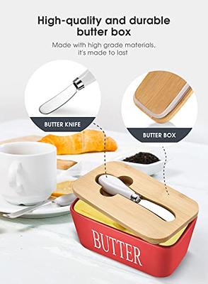 Porcelain Butter Dish with Bamboo Lid and Knife Airtight Silicone